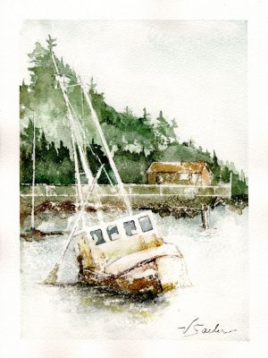 Watercolor - Trawler at Low Tide