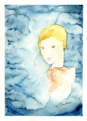 Watercolor - Whimsical Girl With Head In Clouds